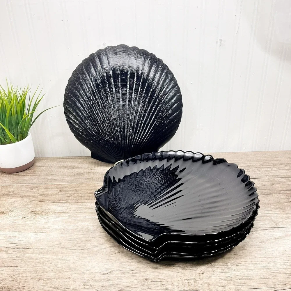 Vintage Arcoroc France Black Glass Seashell Plates Tableware Set of 6